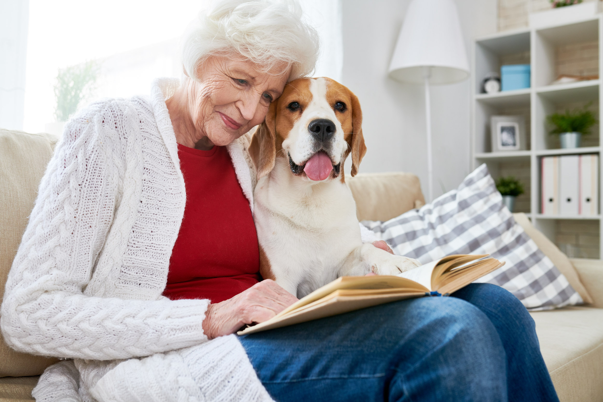 Smiling senior woman reading book with dog